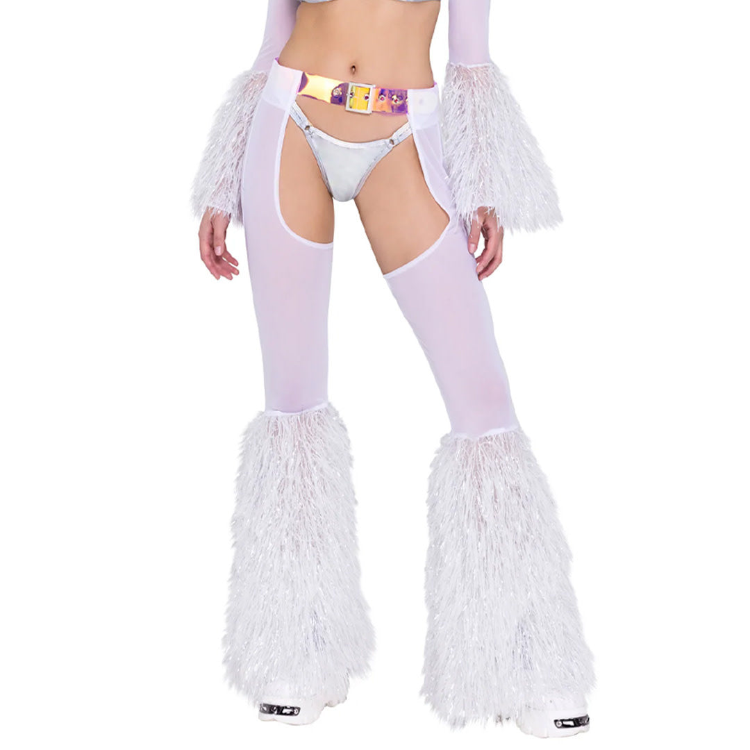 Iridescent Belt Sheer Chaps with Glitter Faux Fur Bell Bottoms