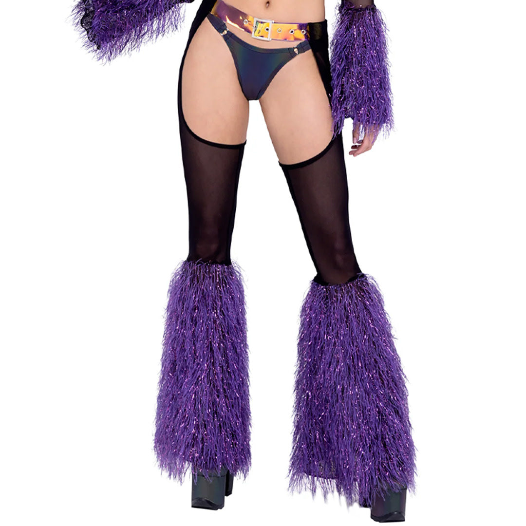 Iridescent Belt Sheer Chaps with Glitter Faux Fur Bell Bottoms