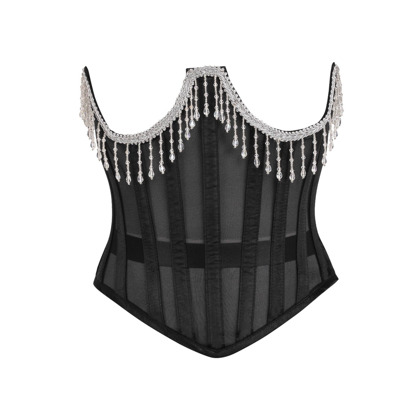 Sheer underbust corset with beaded fringe detailing, designed with 10 spiral steel bones for ultimate waist cinching. This corset features a side zipper closure for easy wear, along with 4 static back bones for extra support. The sheer fabric offers a sultry, transparent look, complemented by luxurious beaded fringe for added drama. Nickel brass grommets and thick cording allow for adjustable lace-up cinching, making this corset perfect for gothic, burlesque, or fetish looks. Equipped with garter loops for