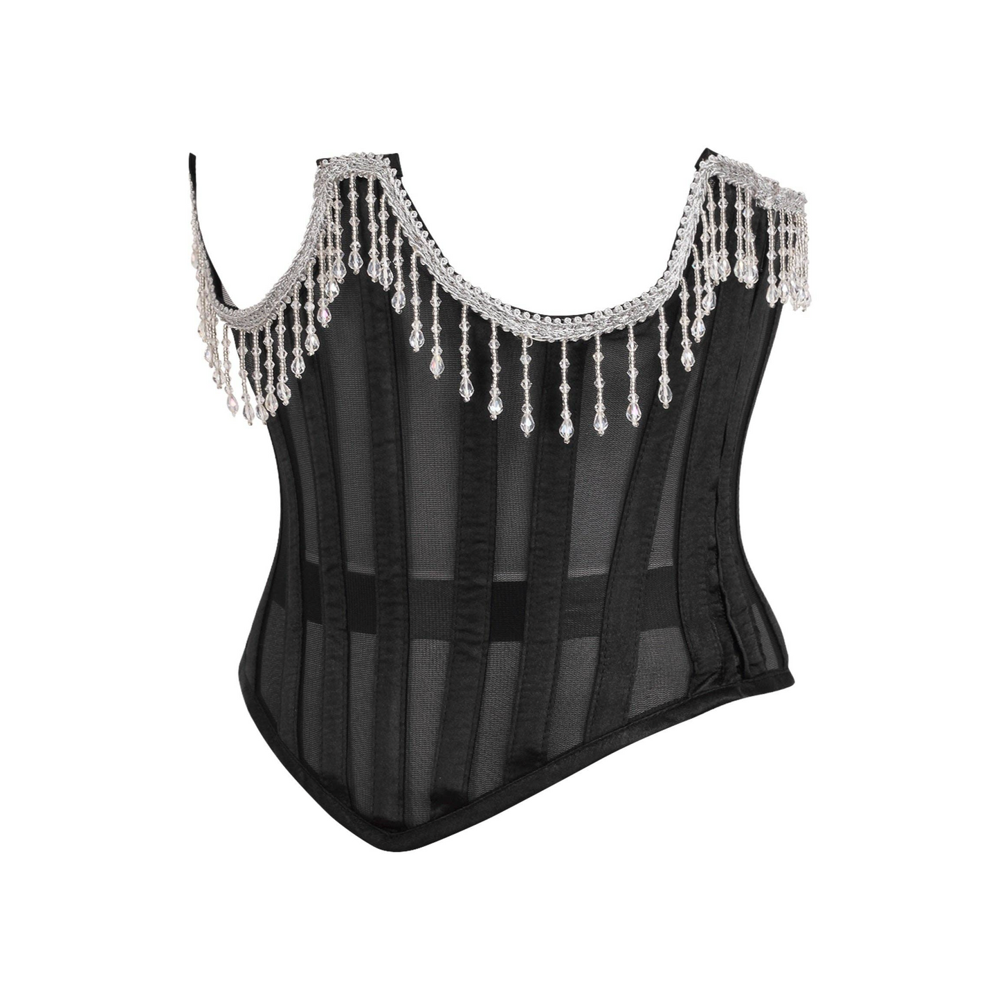 Sheer underbust corset with beaded fringe detailing, designed with 10 spiral steel bones for ultimate waist cinching. This corset features a side zipper closure for easy wear, along with 4 static back bones for extra support. The sheer fabric offers a sultry, transparent look, complemented by luxurious beaded fringe for added drama. Nickel brass grommets and thick cording allow for adjustable lace-up cinching, making this corset perfect for gothic, burlesque, or fetish looks. Equipped with garter loops for