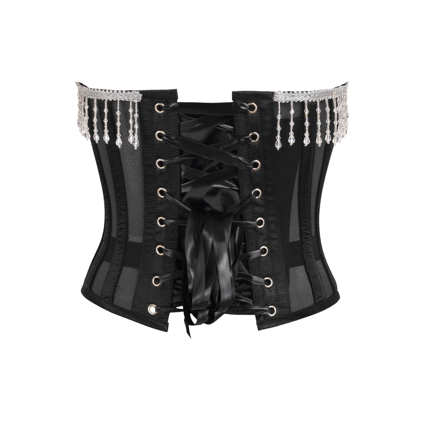 Sheer underbust corset with beaded fringe detailing, designed with 10 spiral steel bones for ultimate waist cinching. This corset features a side zipper closure for easy wear, along with 4 static back bones for extra support. The sheer fabric offers a sultry, transparent look, complemented by luxurious beaded fringe for added drama. Nickel brass grommets and thick cording allow for adjustable lace-up cinching, making this corset perfect for gothic, burlesque, or fetish looks. Equipped with garter loops for