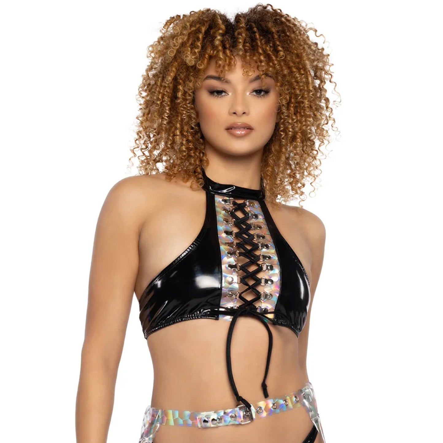 Holographic PVC Lace-Up Crop Top