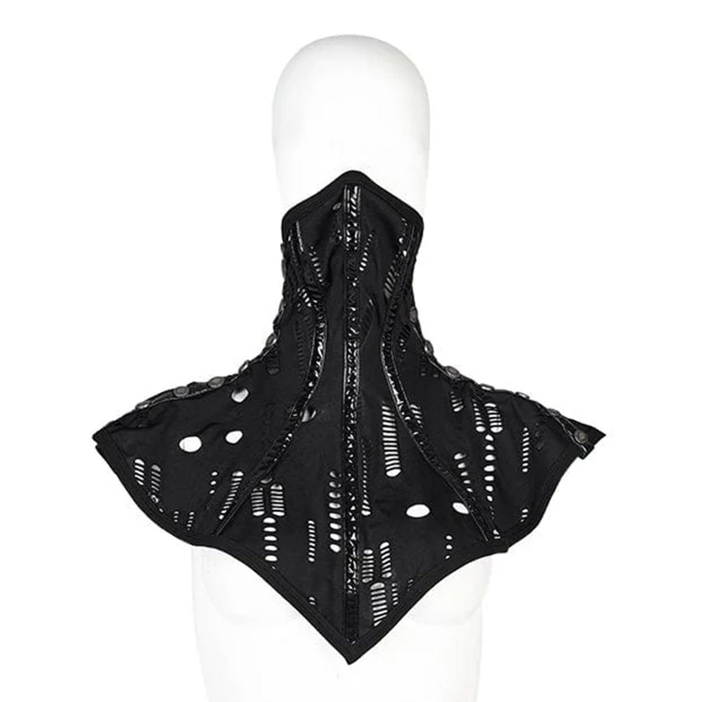 Stretch mesh wetlook faux leather mask shoulder cape ripped snap button push snap-button push-button goth gothic punk cyber cyberpunk cyber-punk halloween accessories black