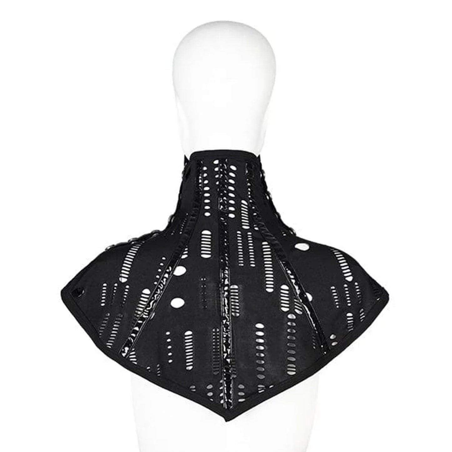 Stretch mesh wetlook faux leather mask shoulder cape ripped snap button push snap-button push-button goth gothic punk cyber cyberpunk cyber-punk halloween accessories black