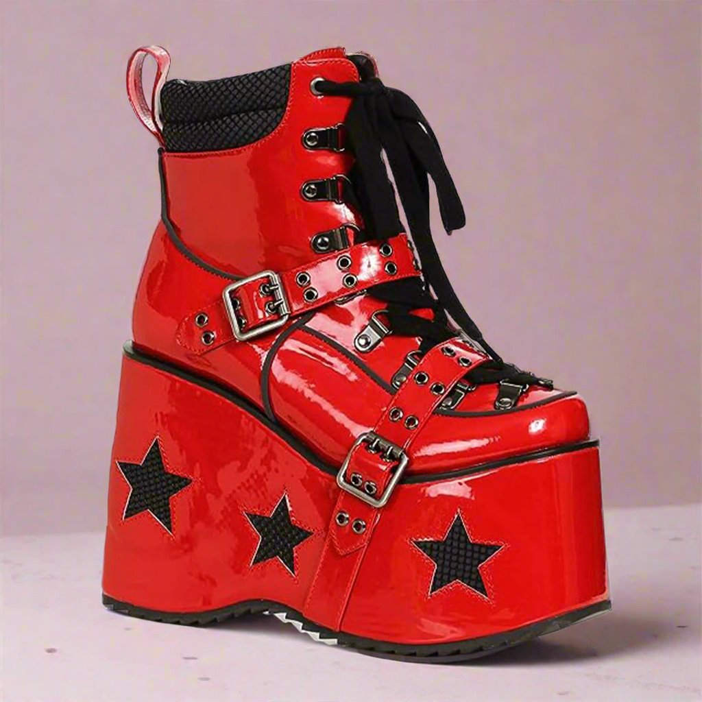 PVC Chunky Laced Platform Booties with Stars & Buckles