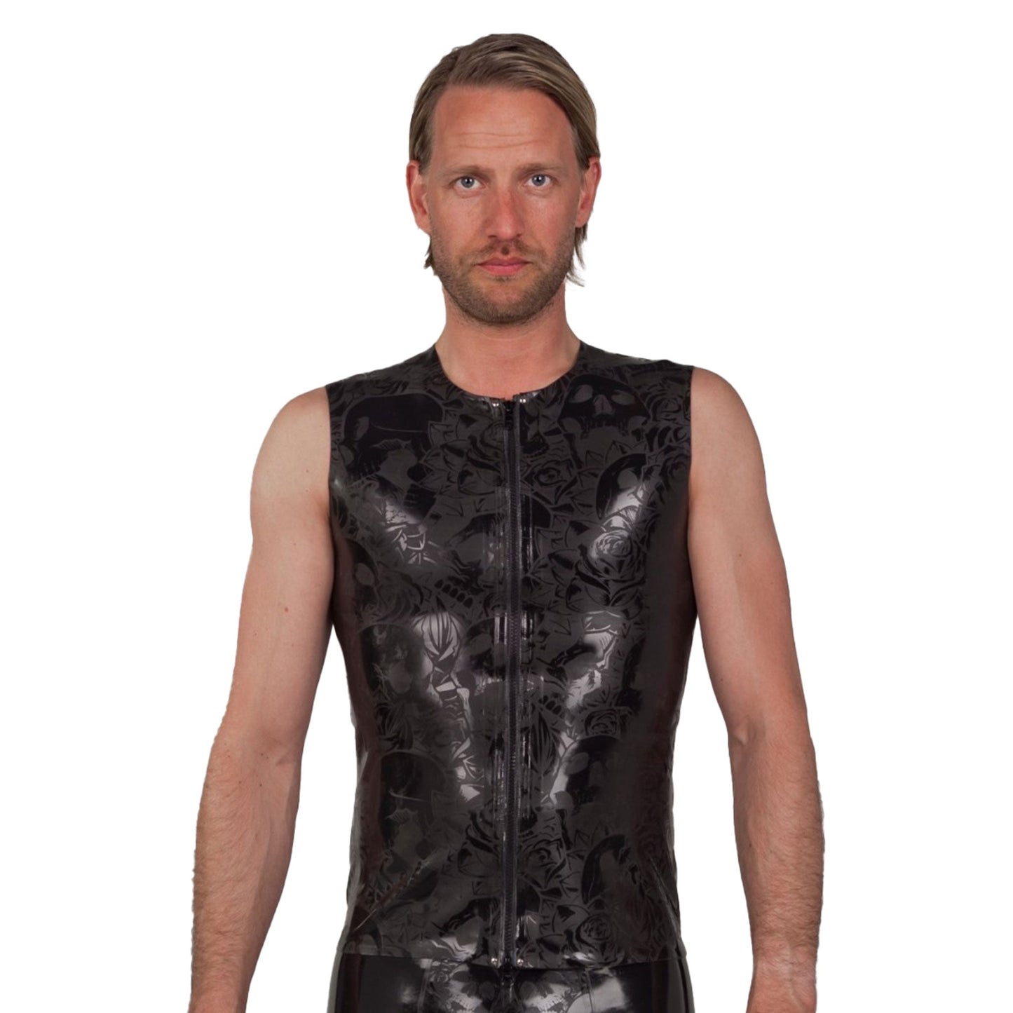 Skulls & Roses Printed Zip-up Sleeveless Latex Shirt