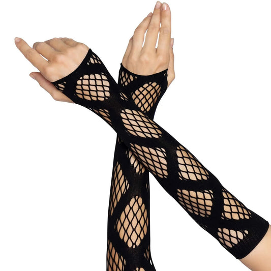 Net faux wrap fingerless arm warmers elbow-length gloves rave punk goth black