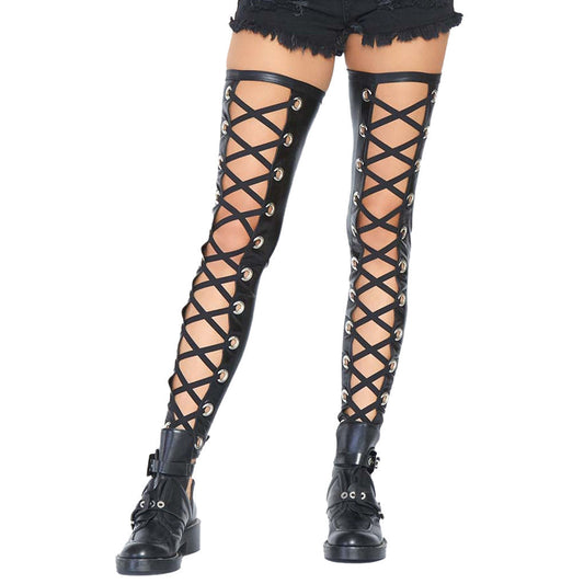 Wetlook Footless Lace-up Thigh Highs With Grommets