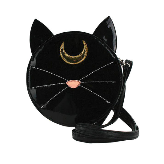 Glossy vinyl cat face crossbody bag goth halloween anime crescent moon luna mystical black