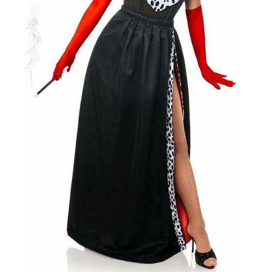 Faux fur polyester mesh skirt maxi maxiskirt maxi-skirt full length slit full-length satin lining animal animal-print print dalmatian hook-and-eye closure halloween costume character cruella black white red