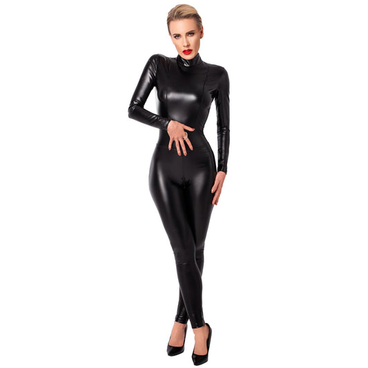 Caged Wetlook Catsuit With Front Zippers & O-ring