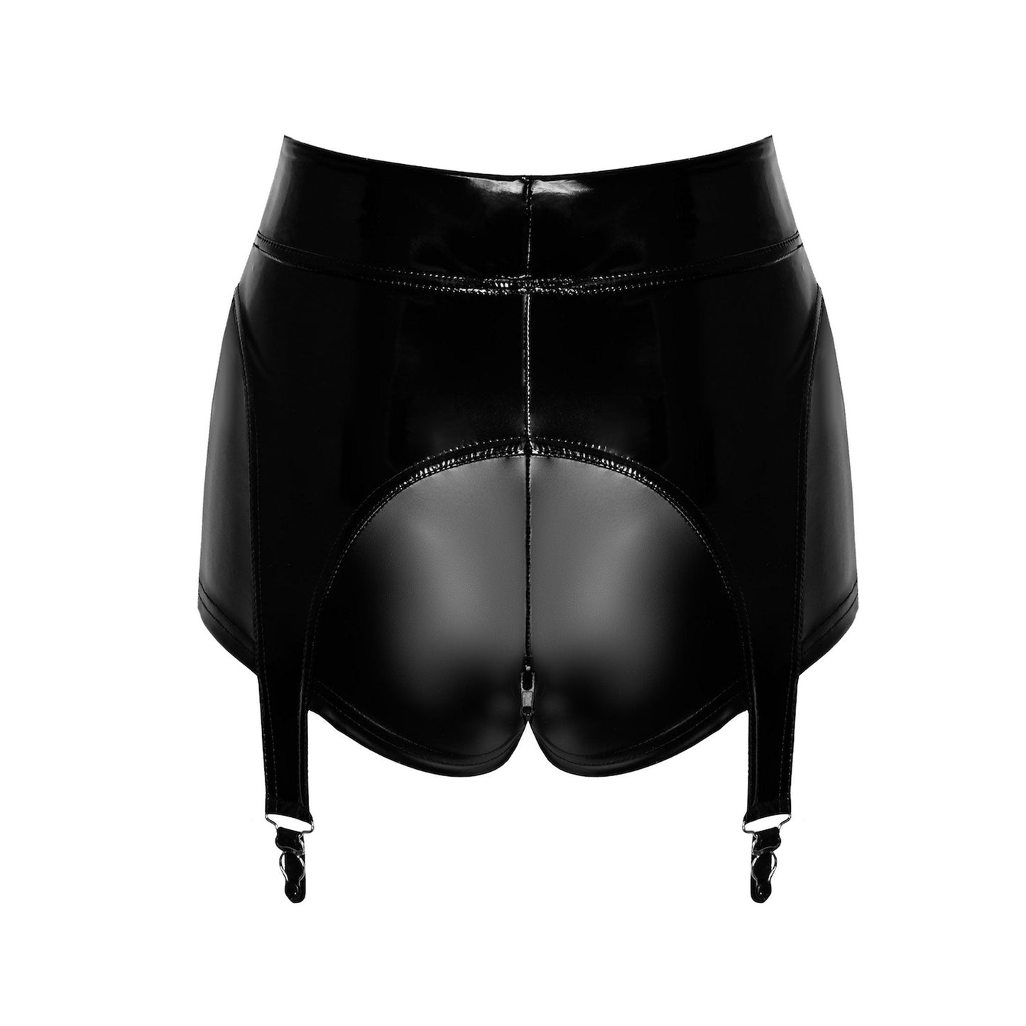 Wetlook power powerwetlook shorts high-waist high waist high-waisted waisted garter clips 2-way two-way crotch zipper shiny noir black