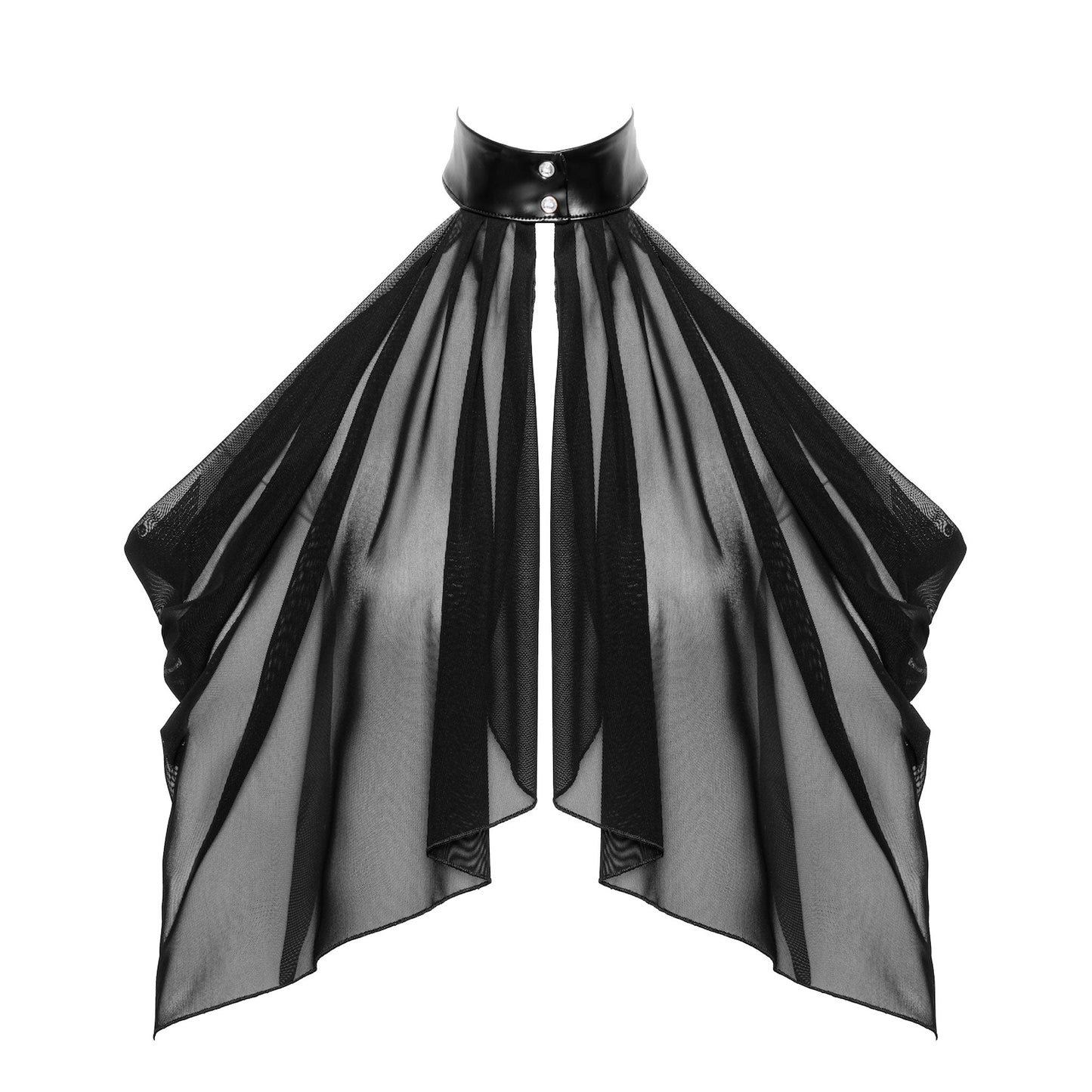 Sheer mesh transparent top bolero layered off-shoulder sleeveless neckholder snap-button push-button high neck collar lightweight relaxed flowing noir black 