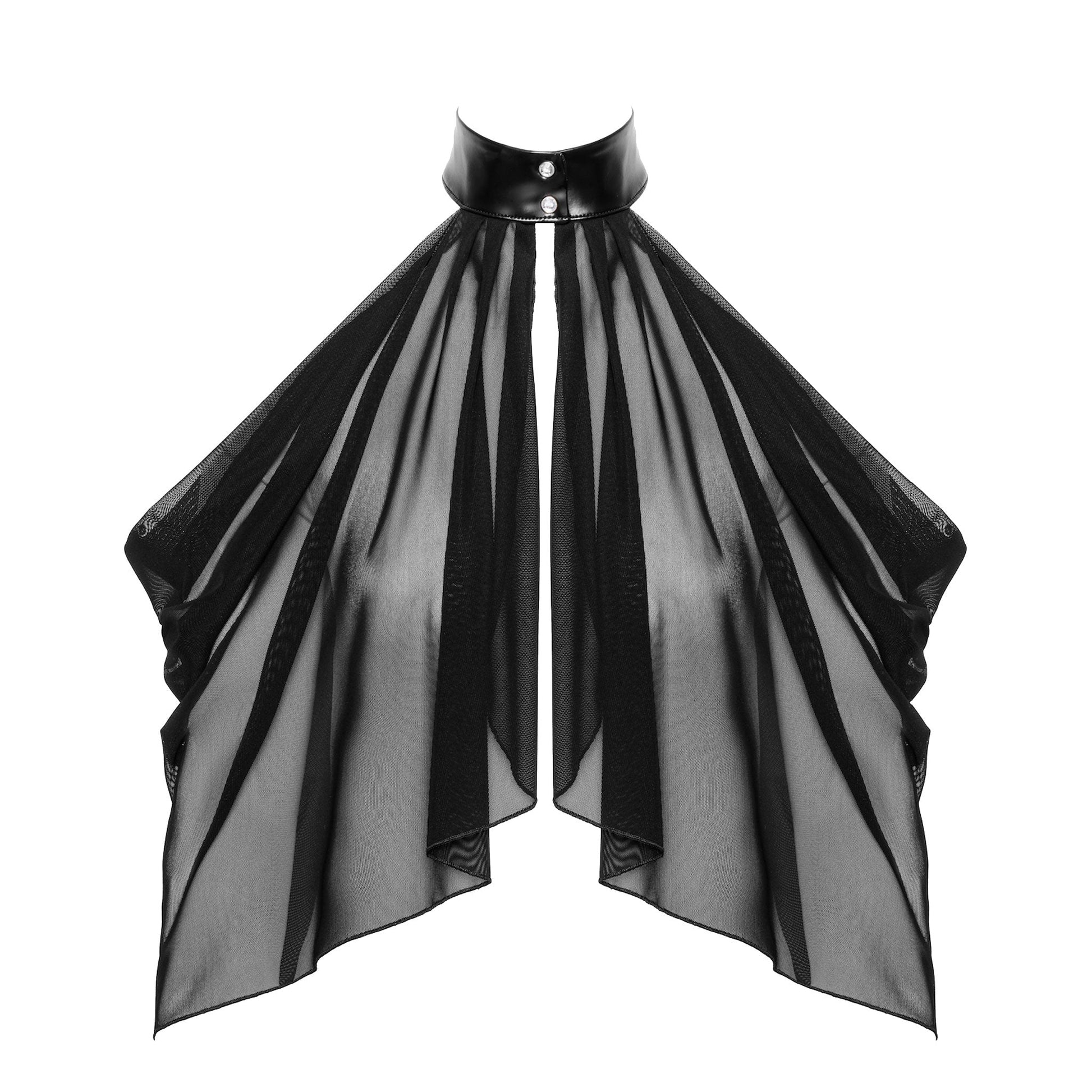 Sheer mesh transparent top bolero layered off-shoulder sleeveless neckholder snap-button push-button high neck collar lightweight relaxed flowing noir black 