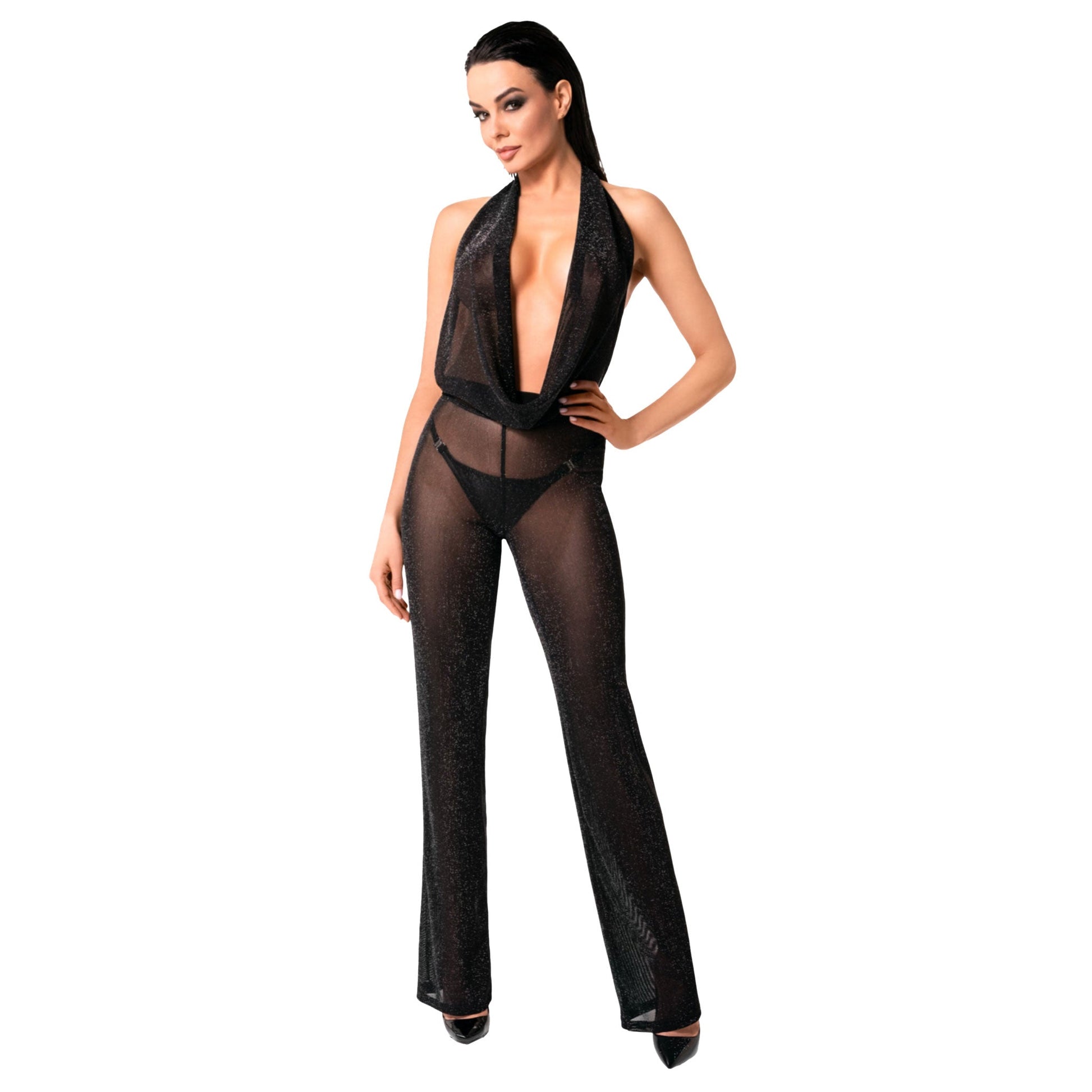 Sheer mesh elastic jumpsuit catsuit overalls sleeveless halter deep cowl deep-cowl neck neckline plunging lightweight glitzy glitz wide-legged wide leg wide-leg pants sparkling transparent elegant flowing noir black 