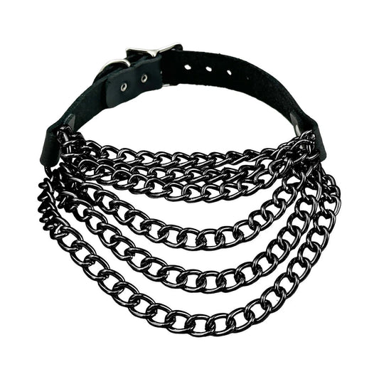 Vegan leather choker collar necklace hanging chains multi-layer alt-fashion punk accessories black