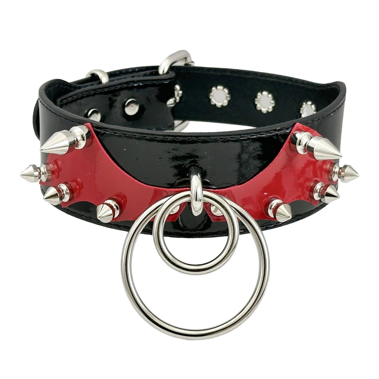 Patent leather choker collar bat patch spikes double O-ring bdsm bondage accessories red