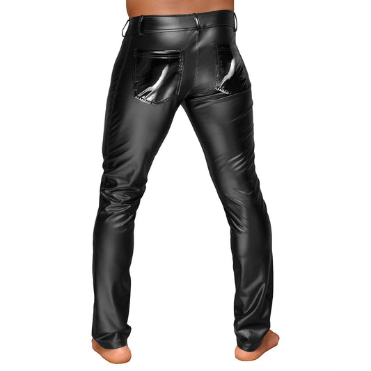 Wetlook power powerwetlook PVC vinyl elastic matte glossy pleated crotch front pants trousers belt loops pockets snap-button push button noir black