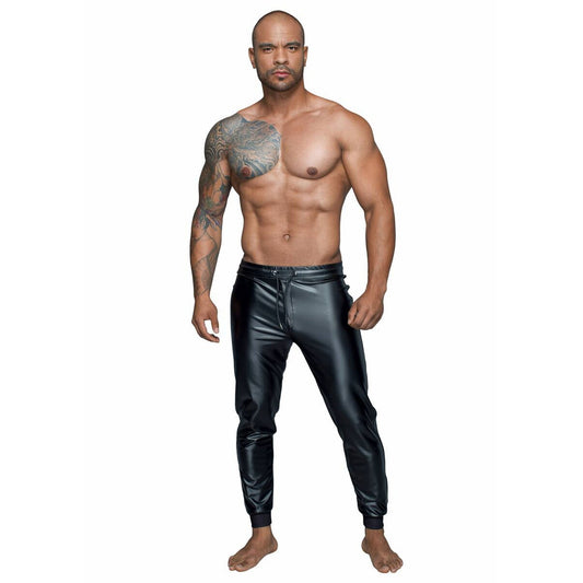 Wetlook power powerwetlook matte glossy long bottoms pants trousers sweatpants jogging tracksuit sweats drawstring waist zipper crotch elastic ankle cuff activewear athleisure loose relaxed noir black