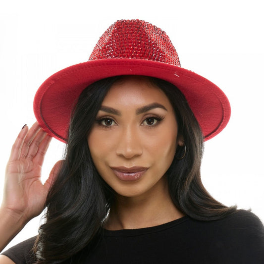 Red Rhinestones Wide Fedora Hat