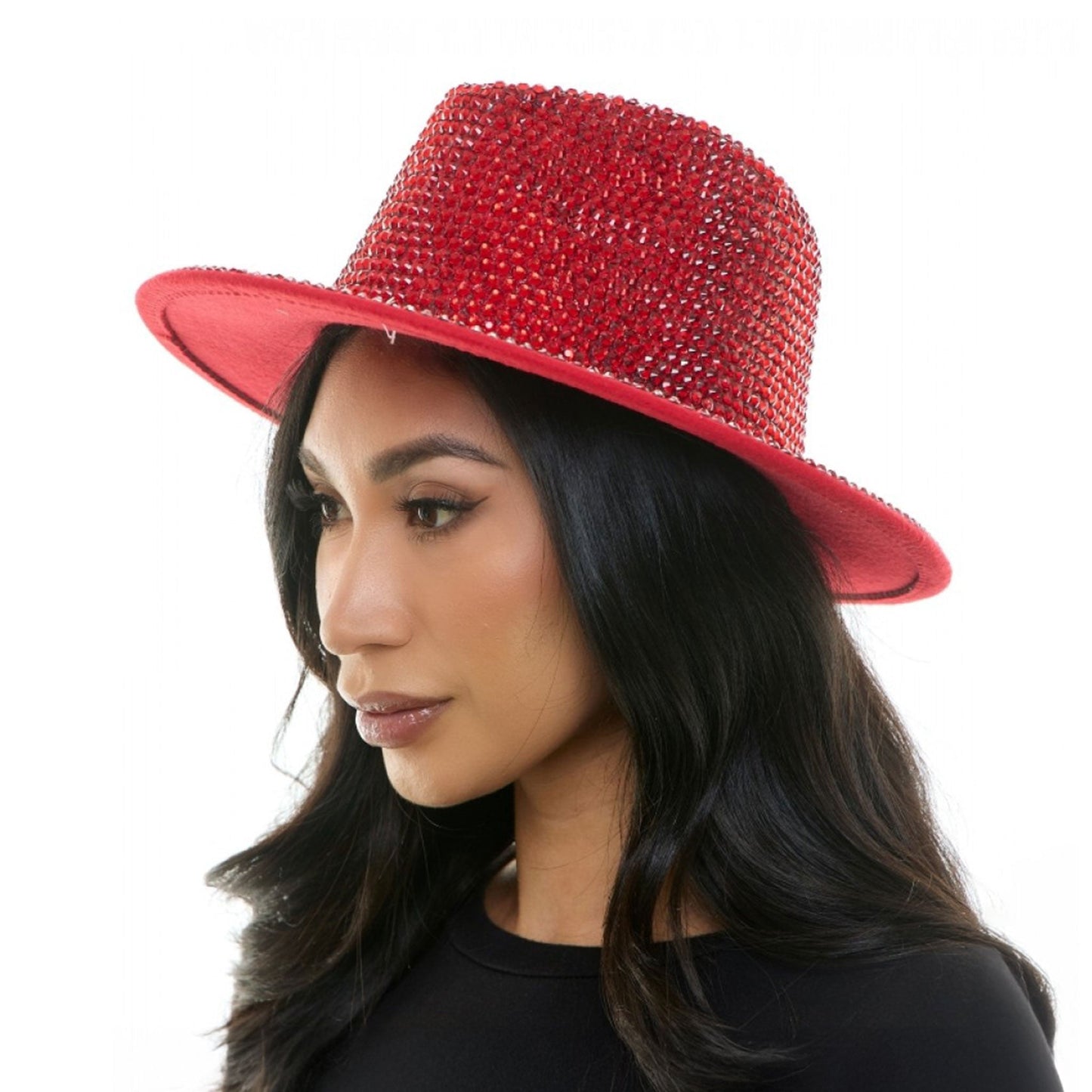 Red Rhinestones Wide Fedora Hat