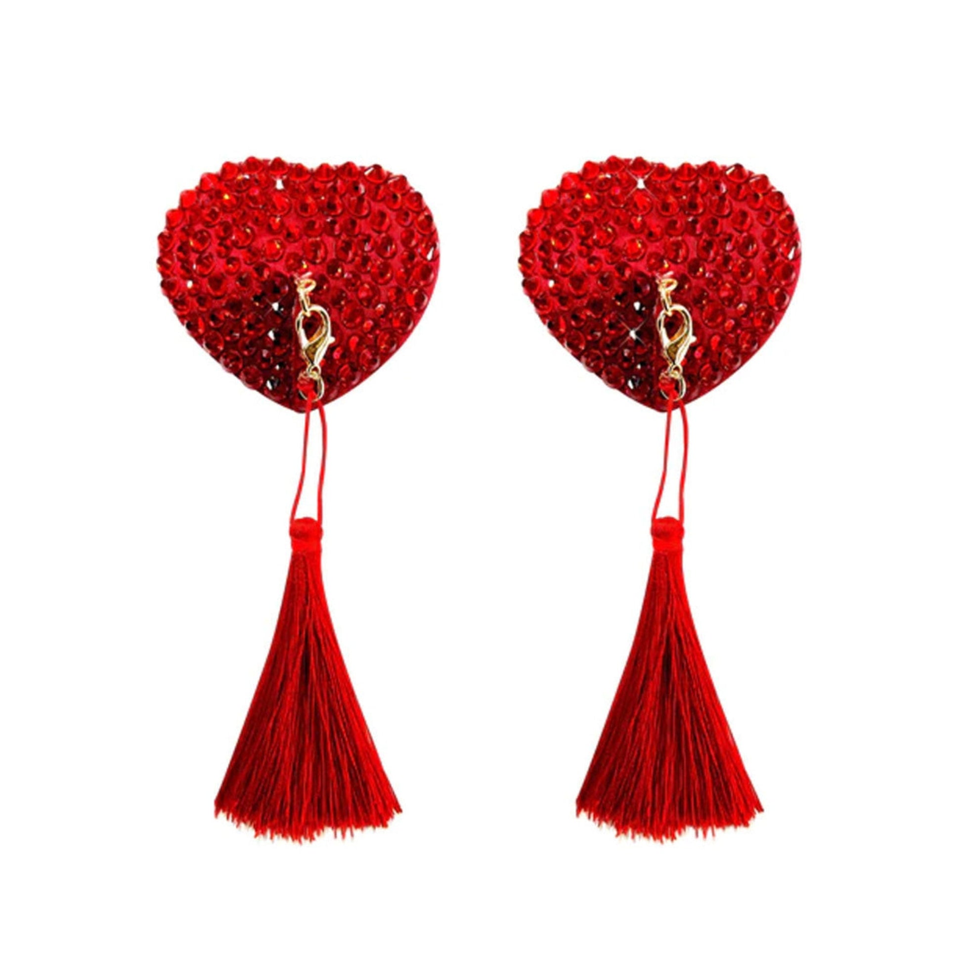Red crystal heart pasties with tassels, self-adhesive, burlesque nipple covers.