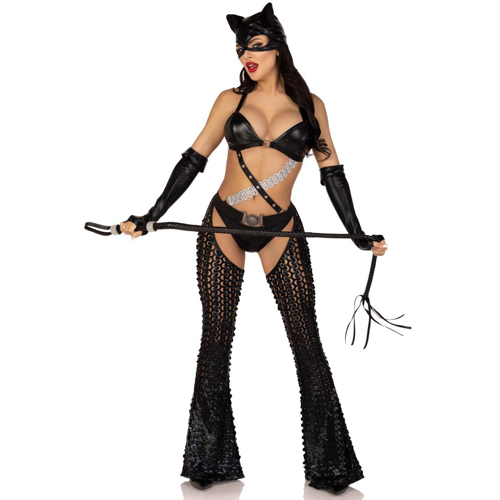 Laser cut chaps strappy bodysuit costume set padded bra ruched back bottoms fingerless gloves cat ears mask catwoman halle berry superhero