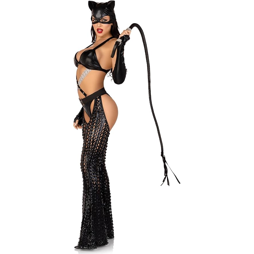 Laser cut chaps strappy bodysuit costume set padded bra ruched back bottoms fingerless gloves cat ears mask catwoman halle berry superhero