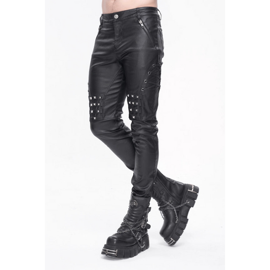 Laced knee studded wetlook skinny pants, lace-up wetlook skinny pants with studs, wetlook lace-up knee fetish pants, studded wetlook skinny pants for fetish fashion, wetlook lace-up skinny pants for clubbing