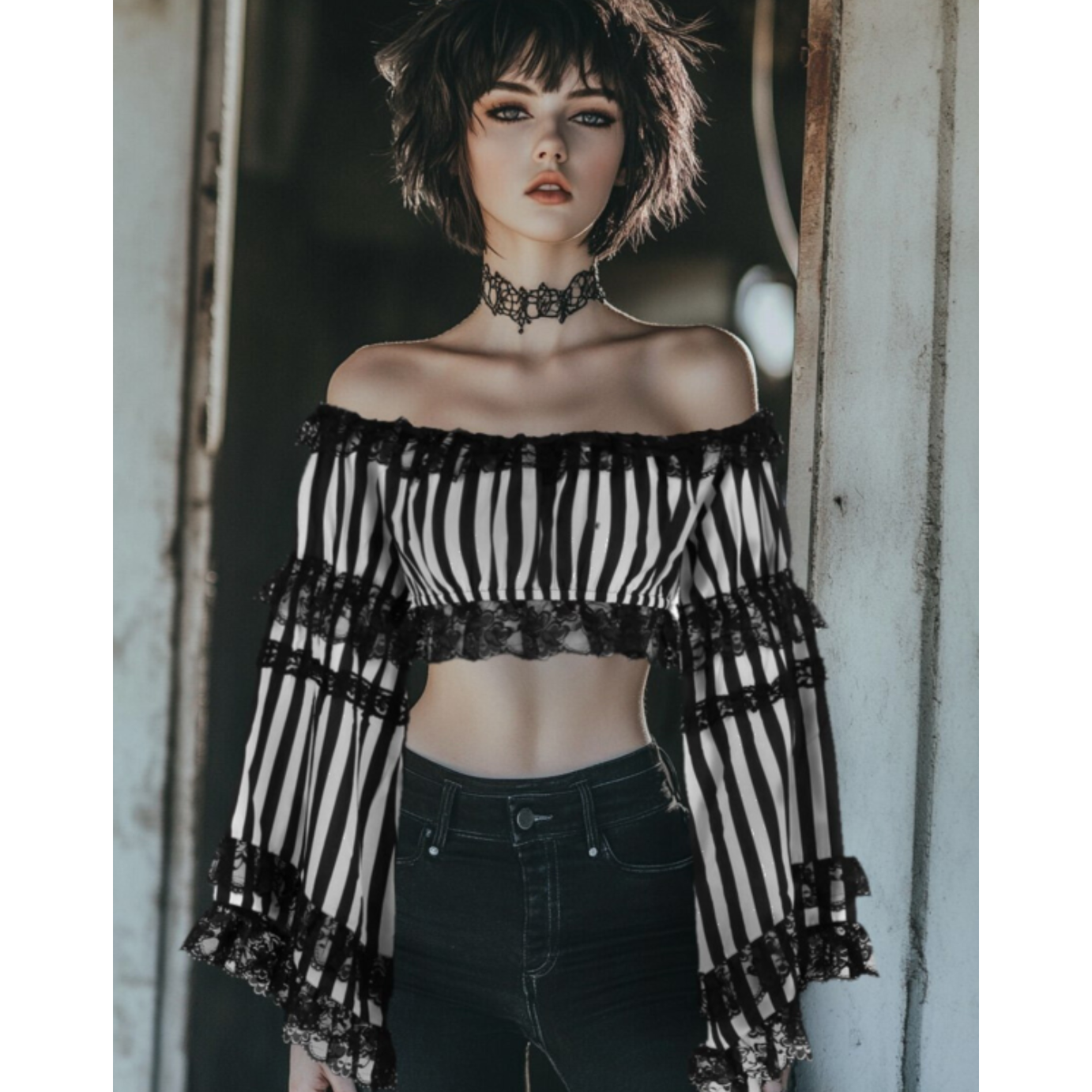 Black & White Striped Crop Top | Gothic Flare Sleeve Lace Top | Black Lace Embellished Crop | Striped Witchy Crop Top | Gothic Striped Crop Top | Flare Sleeve Gothic Shirt
