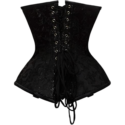 Elegant brocade underbust corset adorned with chains and clasps, designed to enhance the waist with 8 spiral steel bones and 4 static bones for structured support. Featuring a premium front clasp closure for easy wear, this corset is lined with 100% cotton twill for ultimate comfort. The corset includes a 6" modesty panel for added coverage and nickel brass grommets with laces at the back for an adjustable fit. Garter loops provide versatility for stylish accessories. Hand wash only to maintain the exquisit