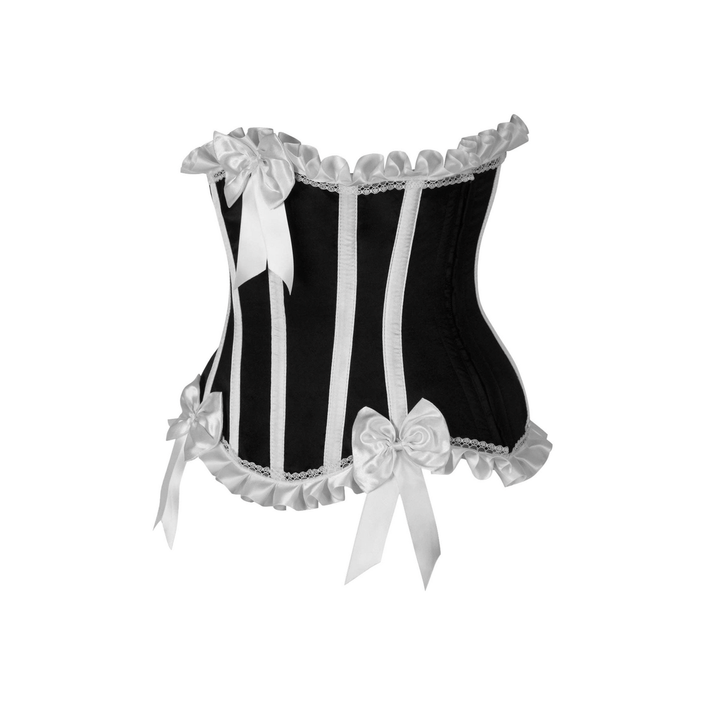 Two-tone ruffled burlesque underbust corset made from premium satin fabric with spiral steel boning throughout. This elegant and sexy satin underbust corset features a hidden side zipper closure for easy wear, and a lace-up back for waist cinching. The flat steel boning at the back provides extra structure, while the flirty ruffled trim adds a feminine touch, making this corset perfect for burlesque performances, waist training, or adding a gothic Victorian flair to your ensemble. Ideal for special events, 