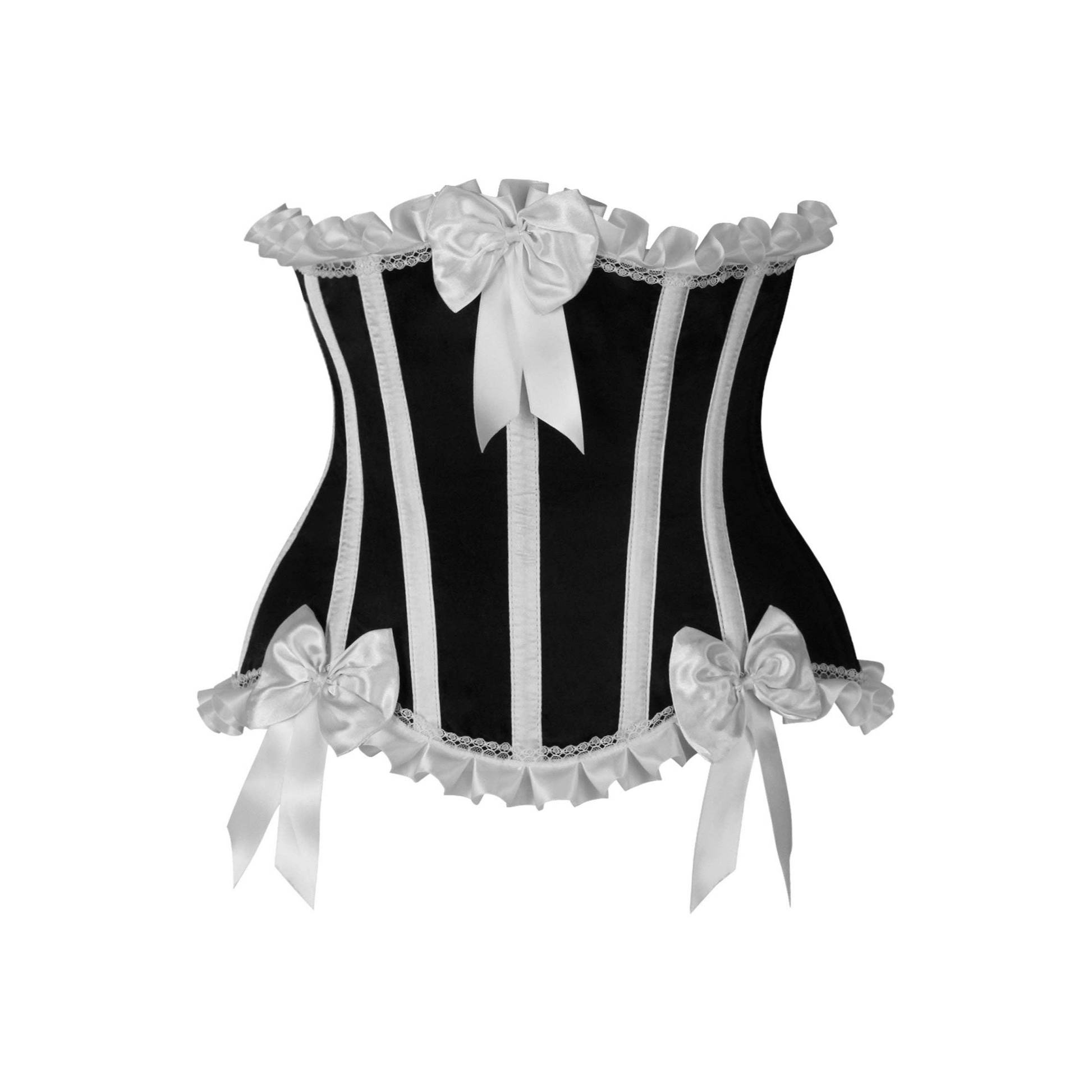 Two-tone ruffled burlesque underbust corset made from premium satin fabric with spiral steel boning throughout. This elegant and sexy satin underbust corset features a hidden side zipper closure for easy wear, and a lace-up back for waist cinching. The flat steel boning at the back provides extra structure, while the flirty ruffled trim adds a feminine touch, making this corset perfect for burlesque performances, waist training, or adding a gothic Victorian flair to your ensemble. Ideal for special events, 