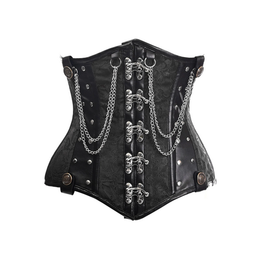 Elegant brocade underbust corset adorned with chains and clasps, designed to enhance the waist with 8 spiral steel bones and 4 static bones for structured support. Featuring a premium front clasp closure for easy wear, this corset is lined with 100% cotton twill for ultimate comfort. The corset includes a 6" modesty panel for added coverage and nickel brass grommets with laces at the back for an adjustable fit. Garter loops provide versatility for stylish accessories. Hand wash only to maintain the exquisit