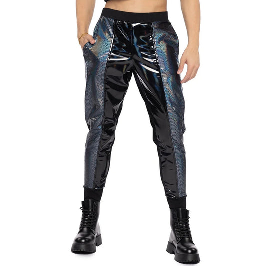 Holographic Snake Print Two Tone PVC Jogger Pants