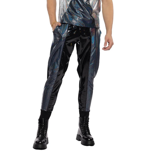 Holographic Snake Print Two Tone PVC Jogger Pants