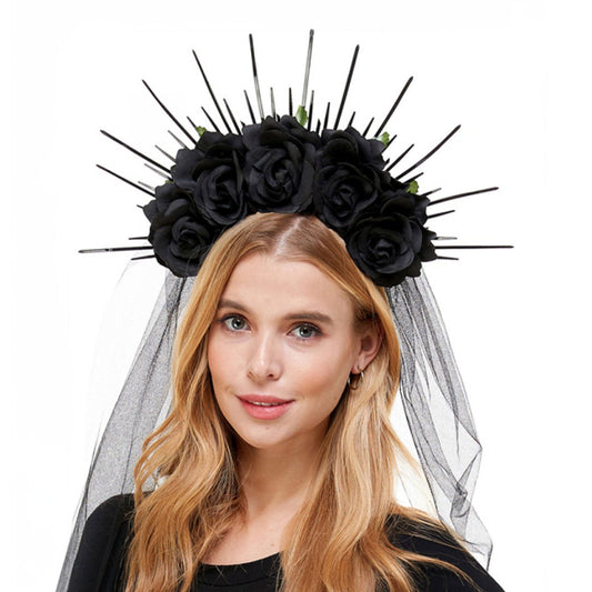 Black Roses Goth Beams Headband with Veil