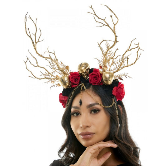 Forest Witch Gold Branches Headband with Roses & Hanging Chains