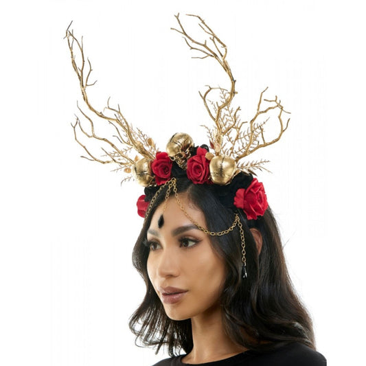 Forest Witch Gold Branches Headband with Roses & Hanging Chains