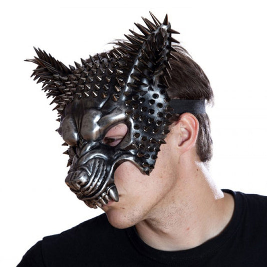 Molded plastic mask wolf dog metallic spikes elastic band costume halloween accessories antique-silver silver