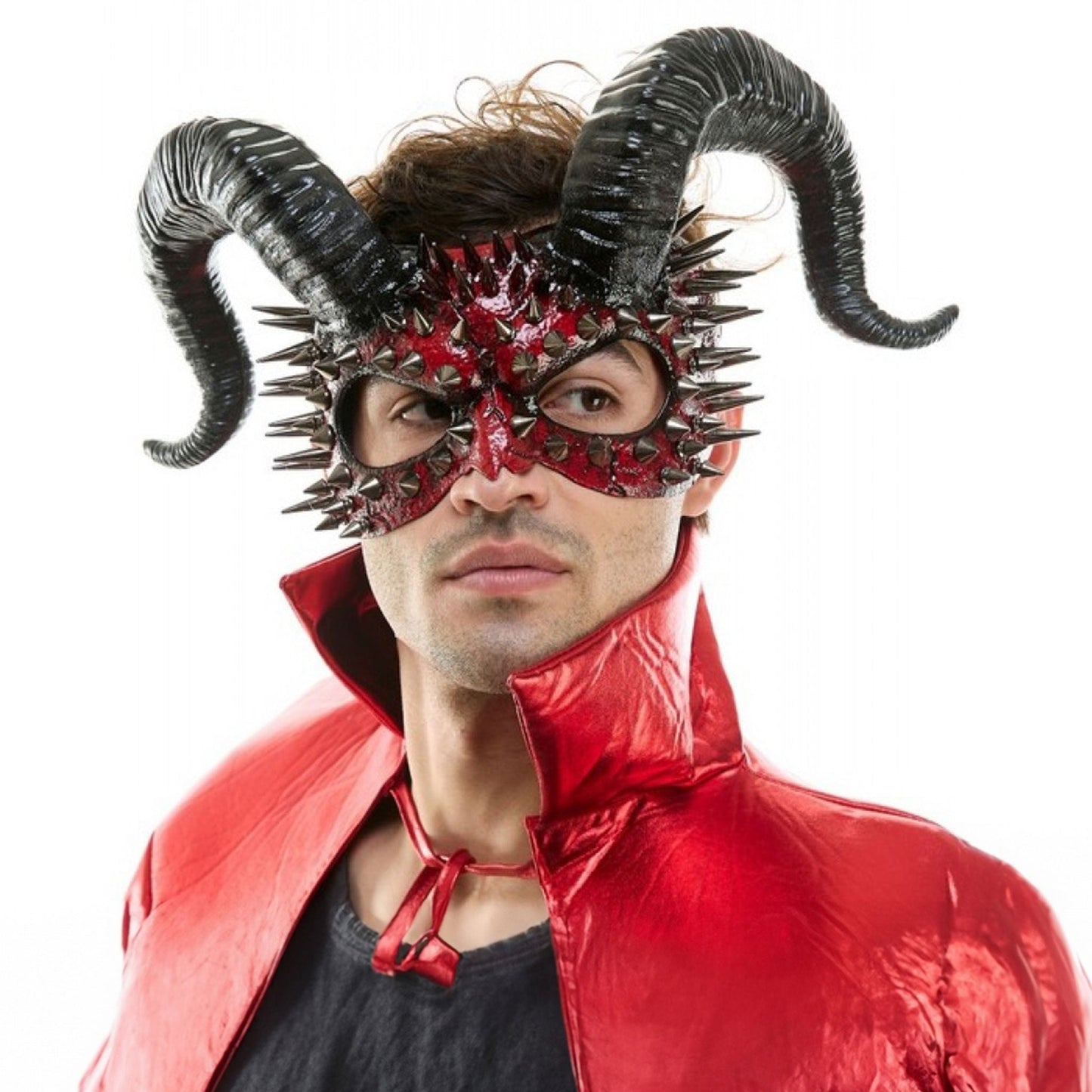 Spiked Eye Mask with Ram Horns- Black & Red