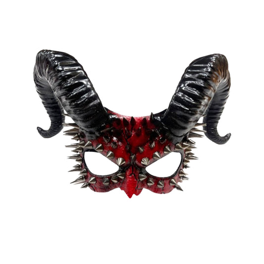 Spiked Eye Mask with Ram Horns- Black & Red