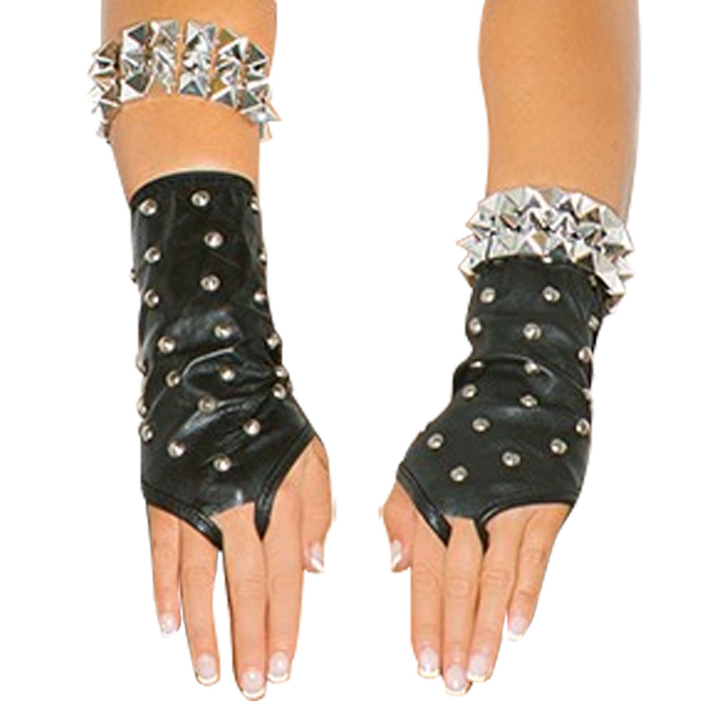 Fingerless Studded Leather Gloves & Zipper Black O/S