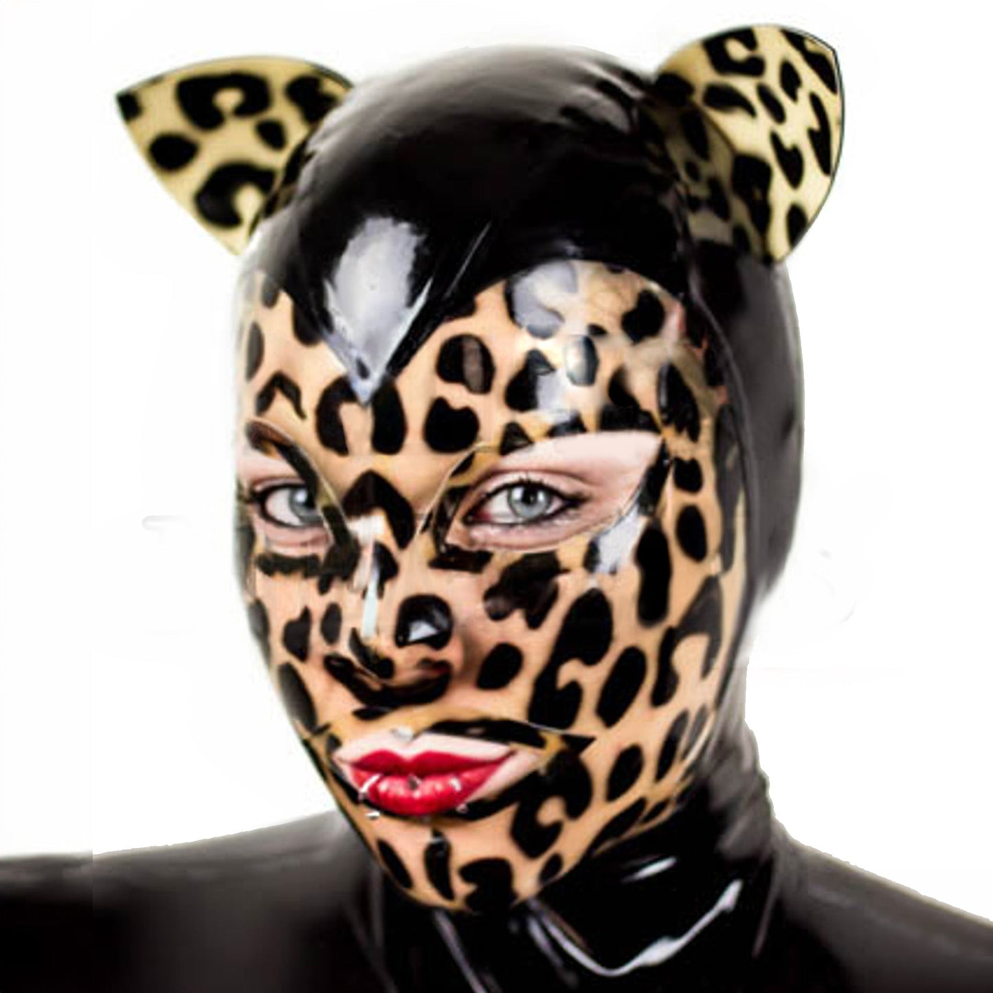 Animal Print Latex Heart Face Hood with Kitty Ears