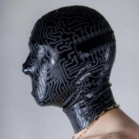 Latex hood perforated micro anonymous dehumanizing dehumanization faceless face less etched circuit pattern bdsm bondage kinky pull-on pull over pullover black