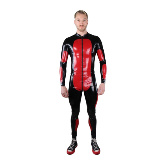 Latex suit catsuit morpheus long-sleeve contrast panels front full-length double zipper zip black red