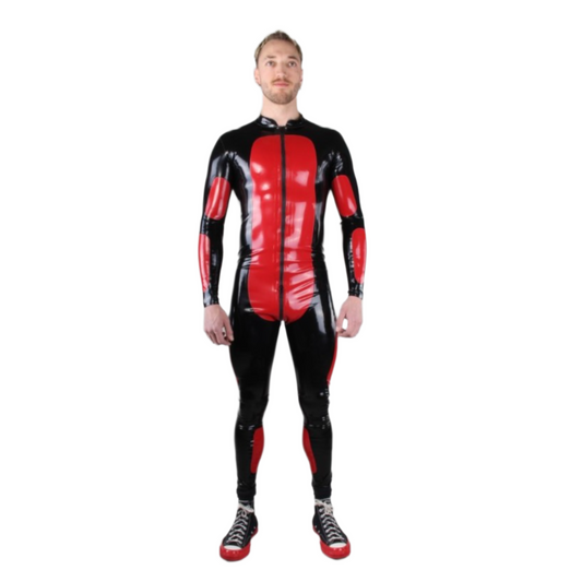 Latex suit catsuit morpheus long-sleeve contrast panels front full-length double zipper zip black red