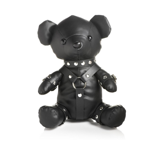 Master Series gimp bear in black harness, 10.5" tall.