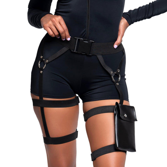 PU leather elastic Velcro metallic O-ring belt strap multi-strap garter adjustable slide buckle utility pouch bag backpack snap-button accessories costume cosplay rave festival halloween black