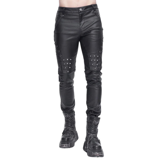 Laced knee studded wetlook skinny pants, lace-up wetlook skinny pants with studs, wetlook lace-up knee fetish pants, studded wetlook skinny pants for fetish fashion, wetlook lace-up skinny pants for clubbing